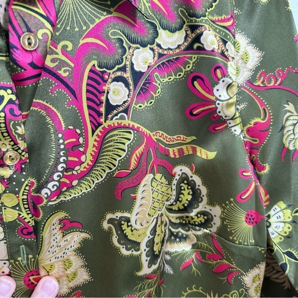 Classique Entier Dark Green Pink Paisley Long Sleeve Button Down Blouse Size 8 - Picture 2 of 8